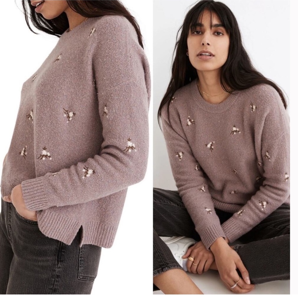 Madewell Embroidered Cross Stitch Floral Pullover Sweater Lavender Size M